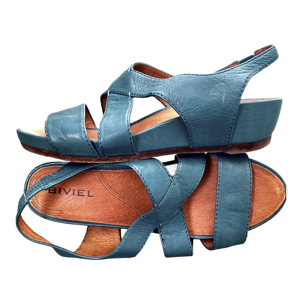Biviel Blue Leather Wedge Sandals